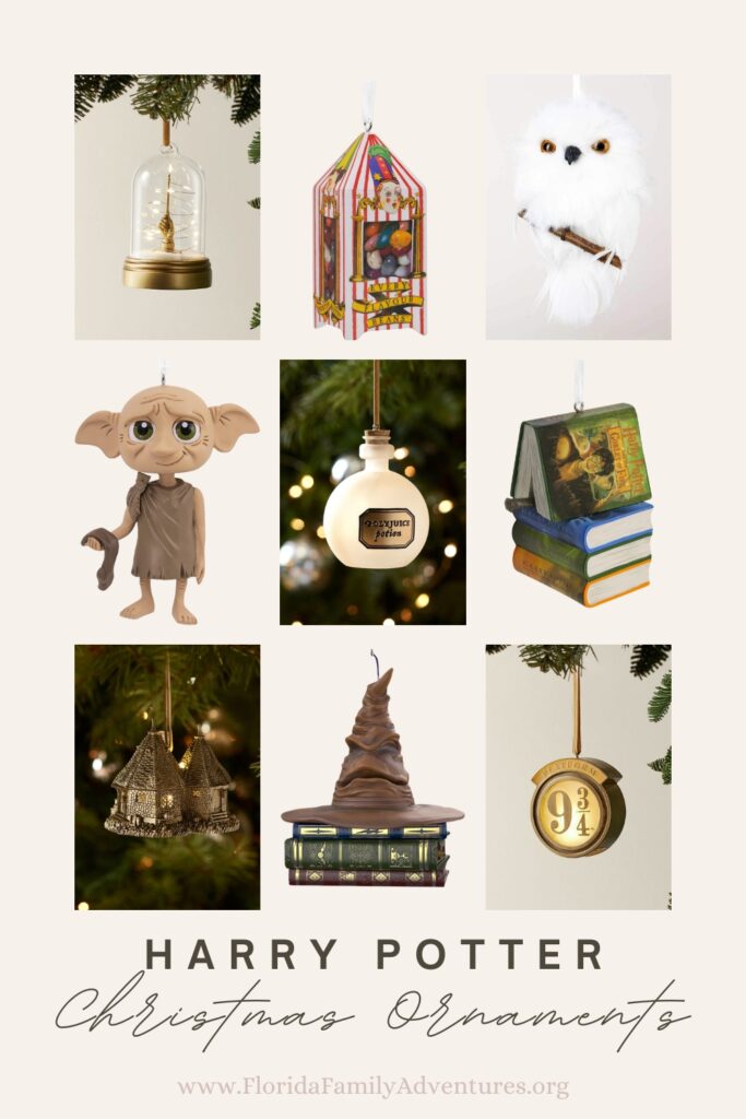 Harry Potter Christmas ornaments hanging on a tree, featuring Hogwarts castles, magical symbols, and wizarding-themed decorations for a festive holiday season