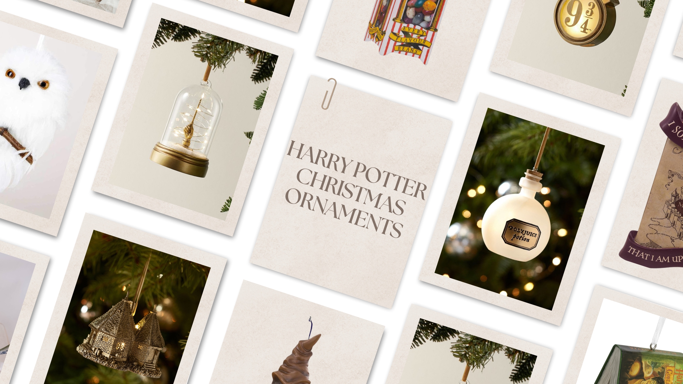 Harry Potter Christmas ornaments hanging on a tree, featuring Hogwarts castles, magical symbols, and wizarding-themed decorations for a festive holiday season